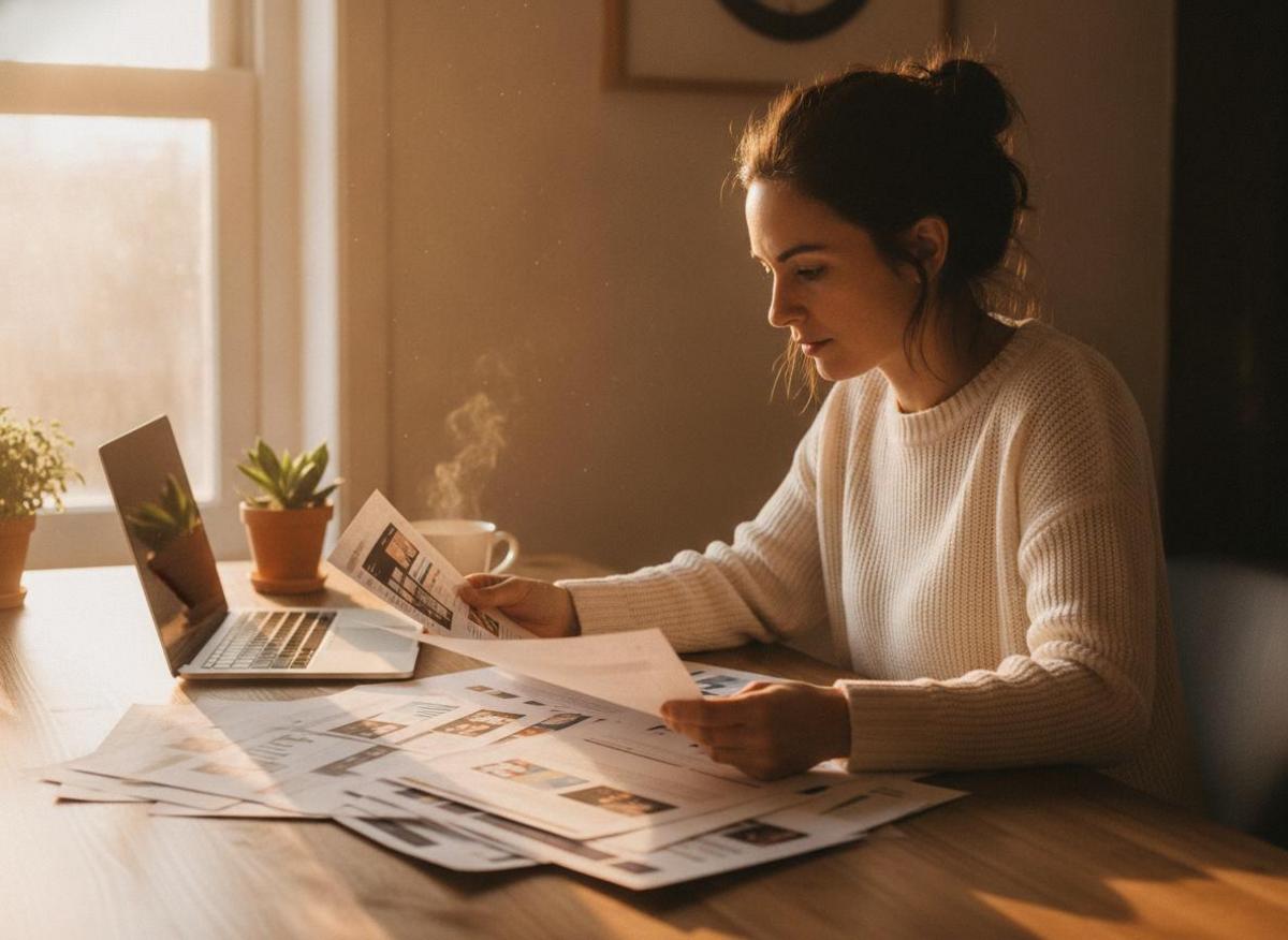 Entrepreneur reviewing website pages at desk applying on page SEO tips for small business strategy