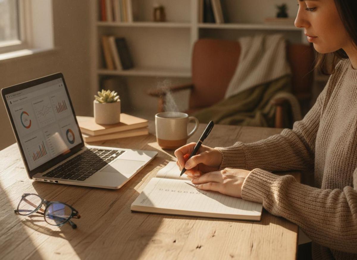 Person writing on-page SEO tips for small business checklist in notebook beside laptop in sunlit home office