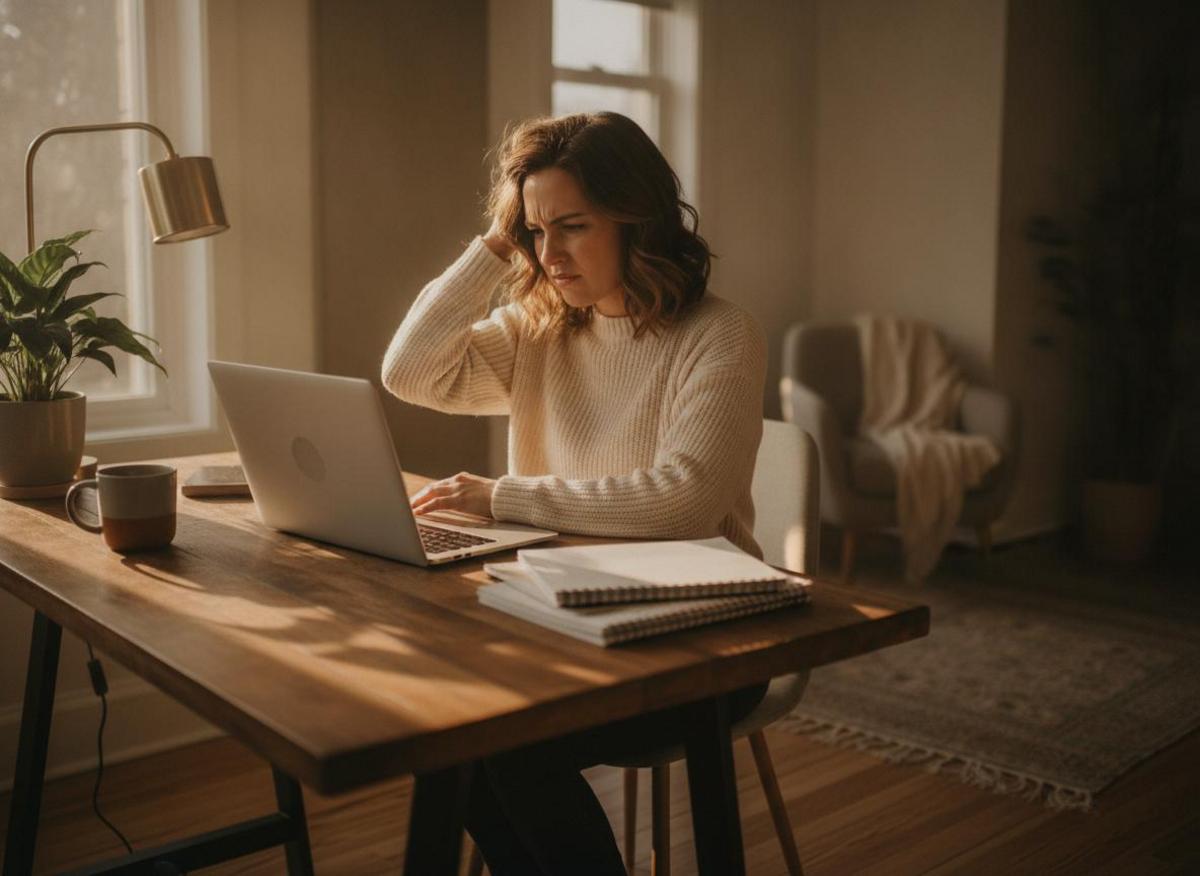 Frustrated female entrepreneur at laptop struggling with organic social media reach small business growth in home office