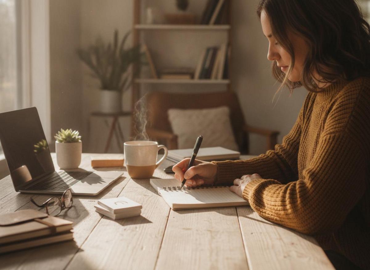 Small business owner planning organic social media reach strategy in notebook at wooden desk with morning coffee