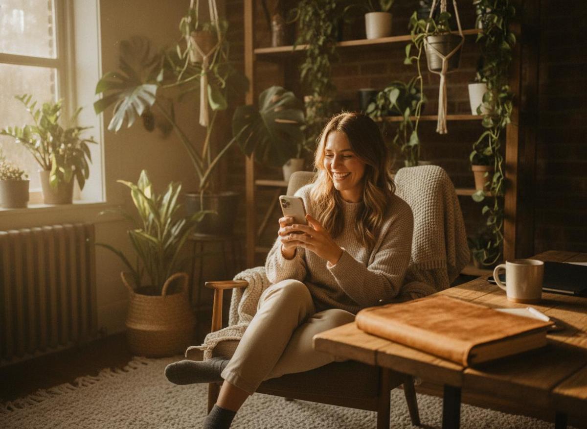 Relaxed small business owner smiling at phone in cozy home office, growing organic social media reach sustainably