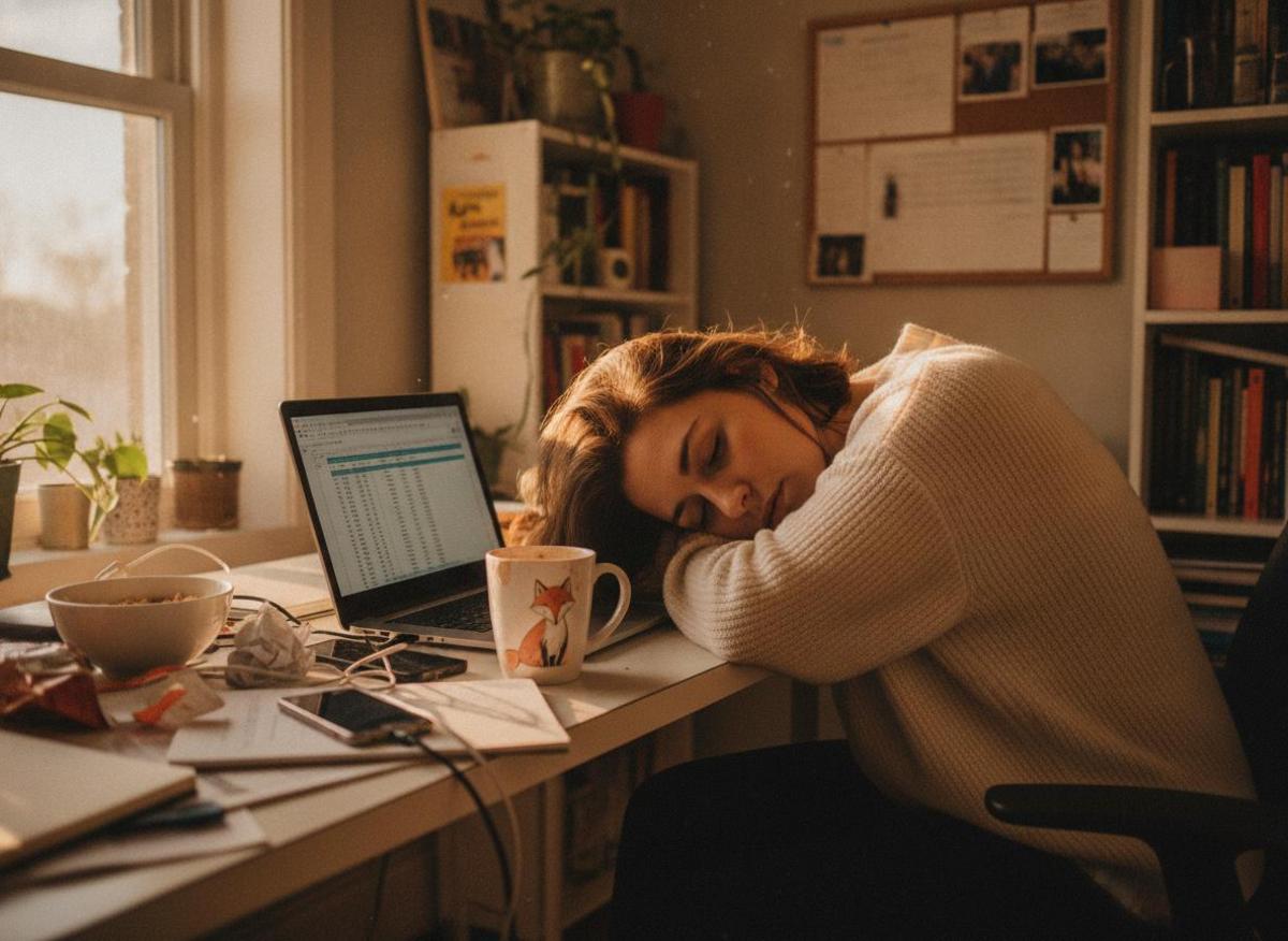 Exhausted solopreneur at cluttered home office desk at golden hour — work life balance solopreneur tips start here