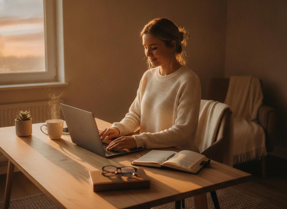 Focused woman closing laptop at tidy home office desk — work life balance solopreneur tips in action