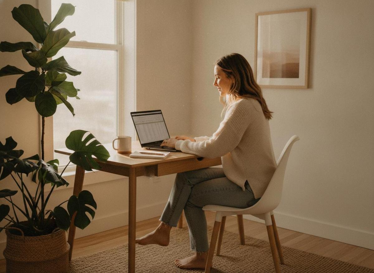 Woman at minimal home office desk in morning light with plants — work life balance solopreneur tips in action