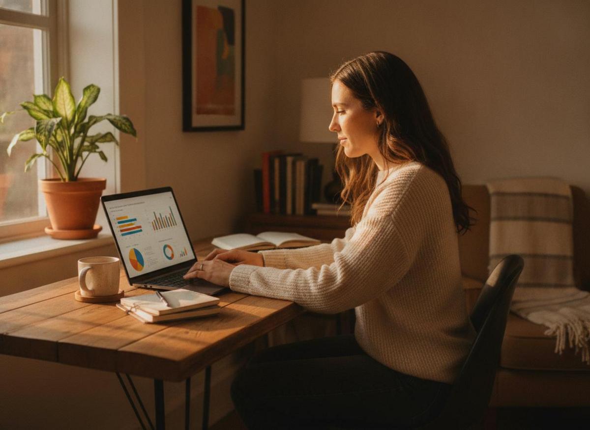 Woman reviewing best seo tools for small business on laptop at sunny wooden home office desk with coffee