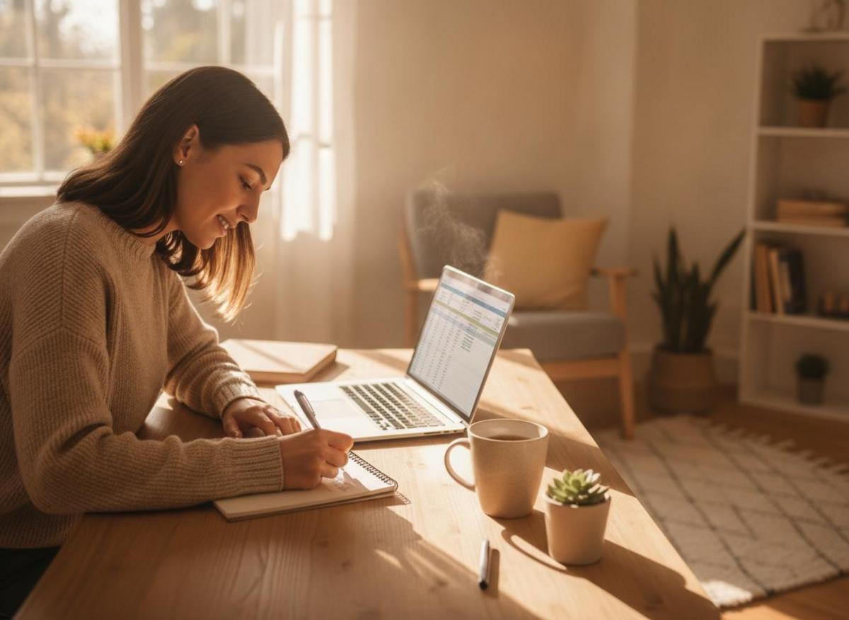 Entrepreneur researching best SEO tools for small business, writing keyword notes in notebook beside laptop in bright home office
