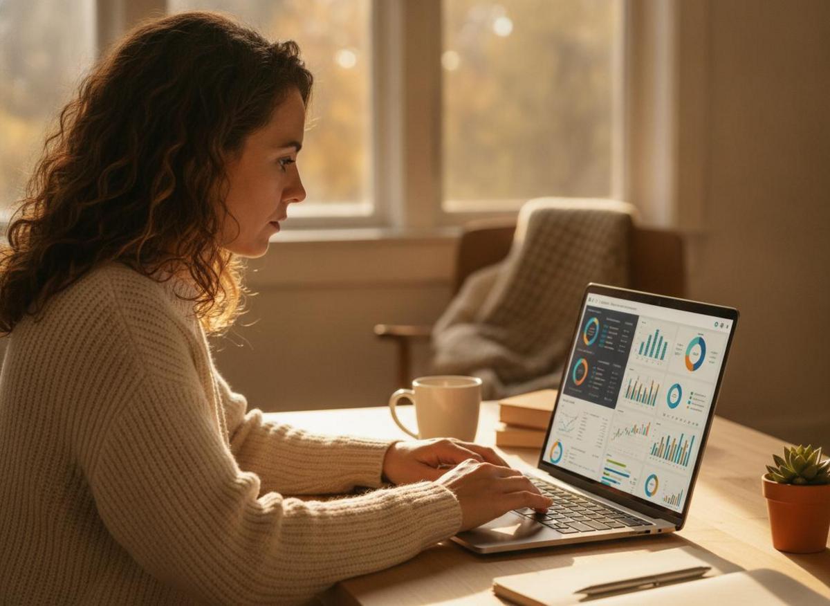 Person using best SEO tools for small business on laptop with colorful data dashboard in sunlit home office