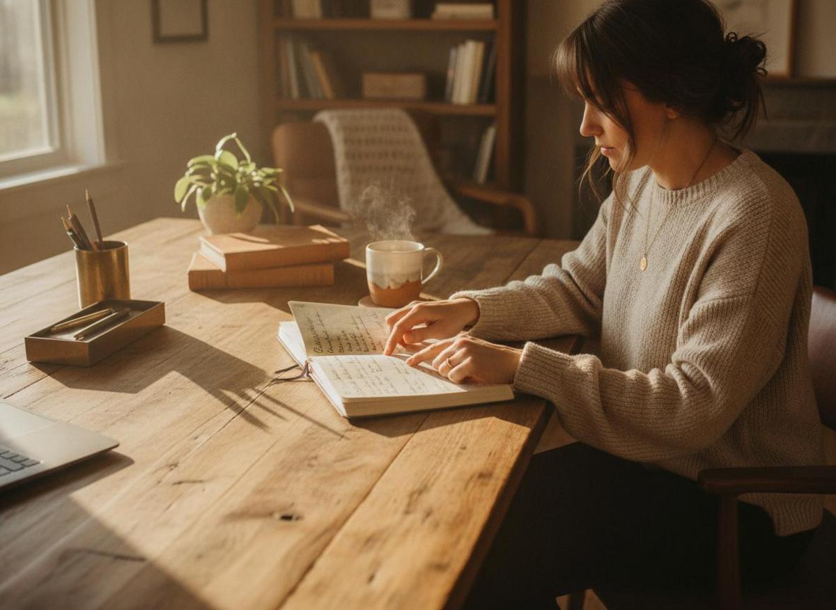 Woman reviewing handwritten planner at home office desk — learning how to create a content plan over morning coffee