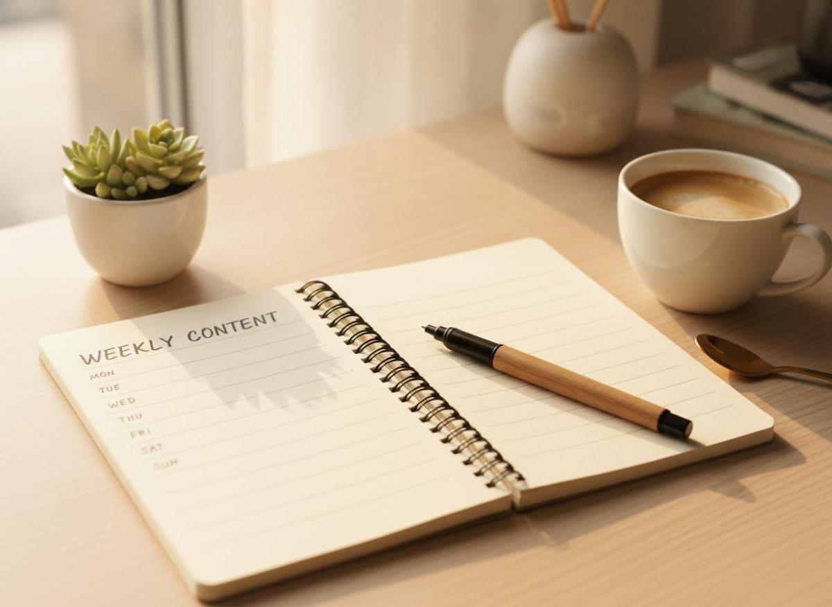 Open notebook with weekly content schedule showing how to create a content plan, pen on page, minimal desk