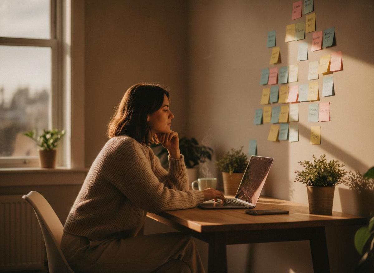 Woman at laptop planning content ideas with sticky notes, showing how to create a content plan in a cozy home office