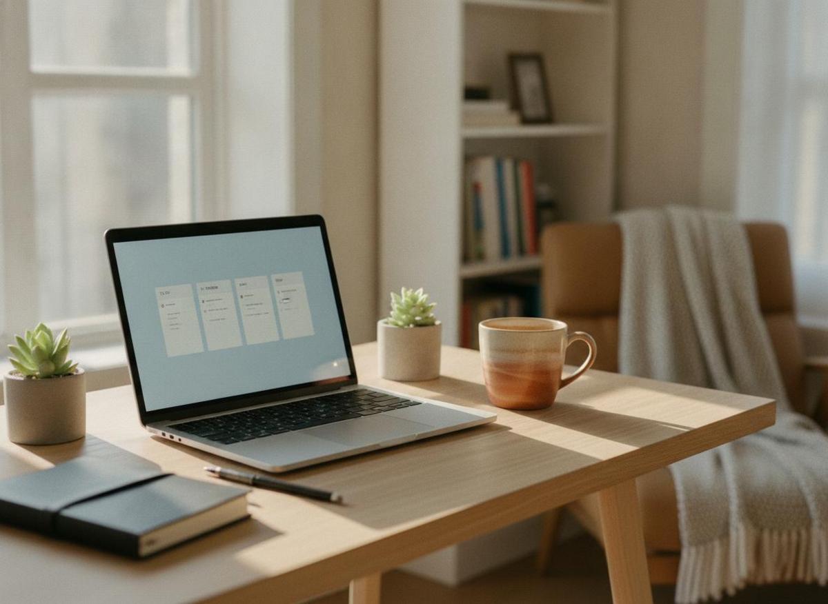 Small home office desk with laptop showing task dashboard — project management tools for small teams made simple
