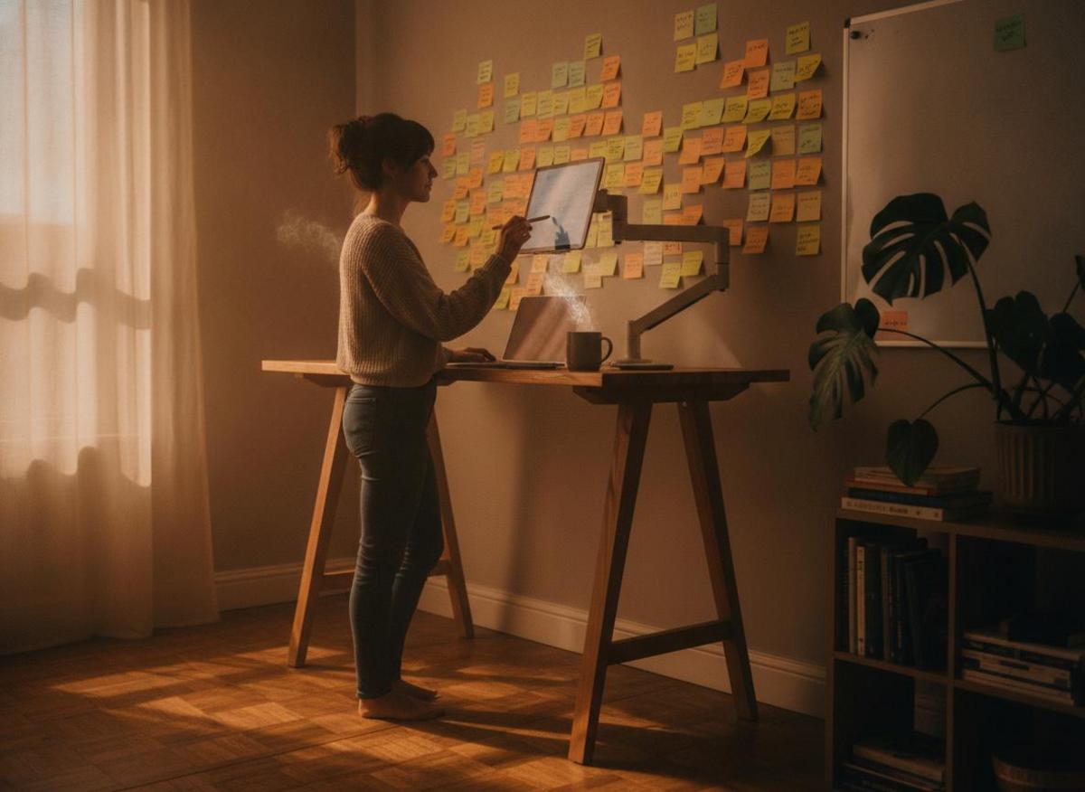 Solo entrepreneur using project management tools for small teams at standing desk with sticky notes in sunlit home office