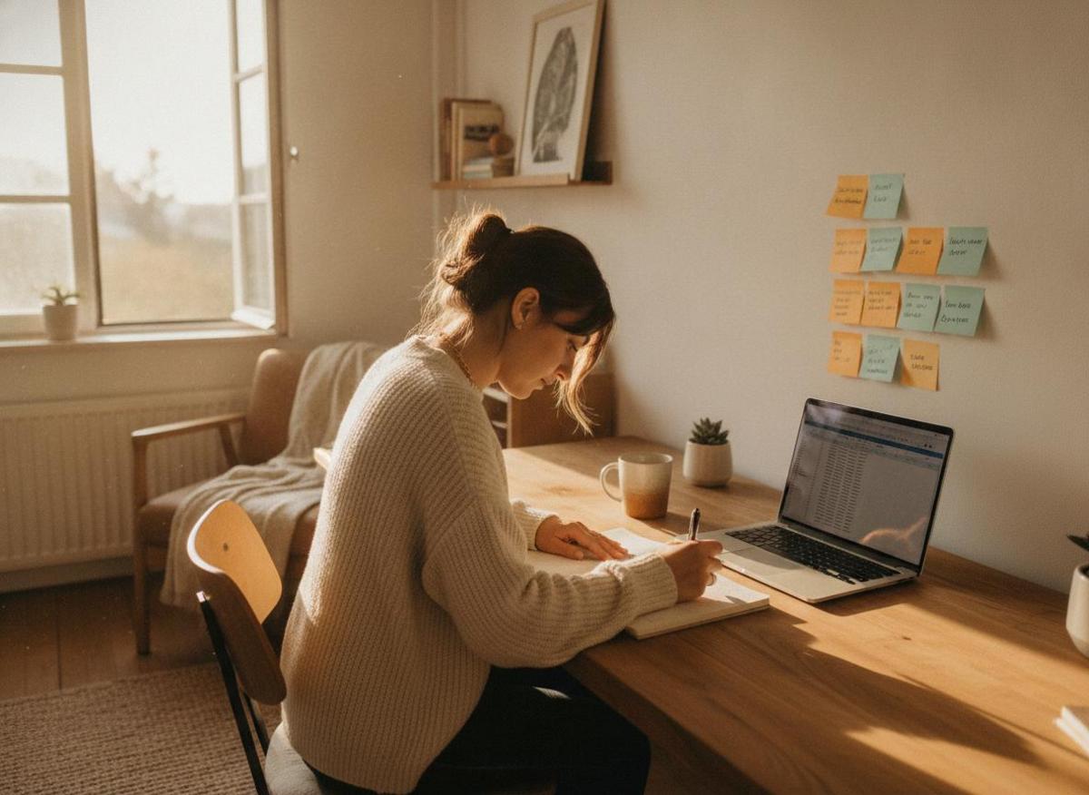 Woman planning content repurposing strategy for entrepreneurs with notebook, laptop, and sticky notes in sunlit home office