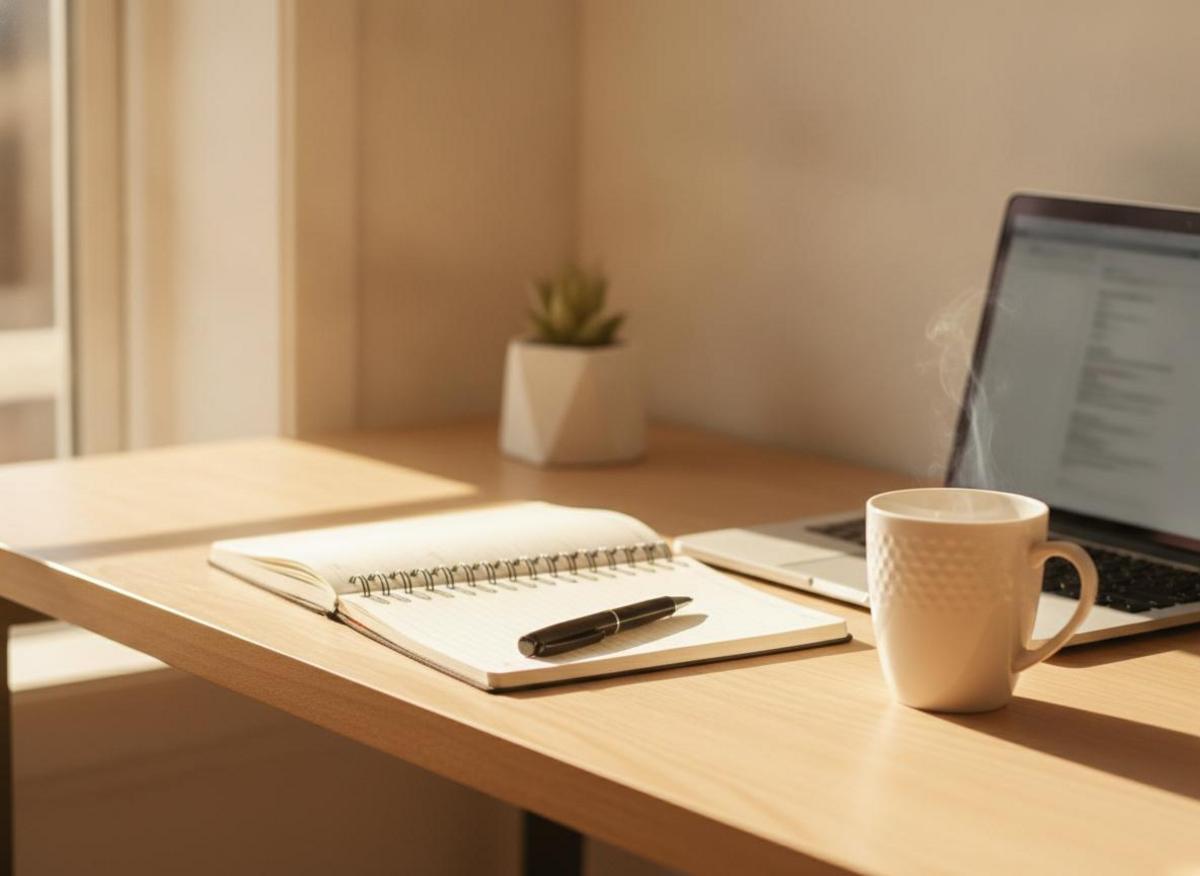 Minimalist desk setup with planner and laptop for a content repurposing strategy for entrepreneurs