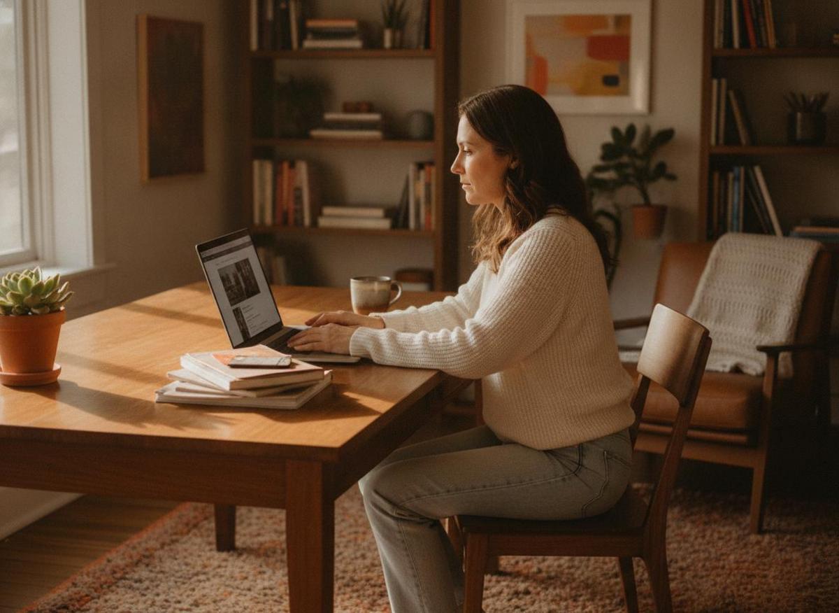Woman reviewing how Google search algorithm works on laptop at wooden desk in sunlit home office