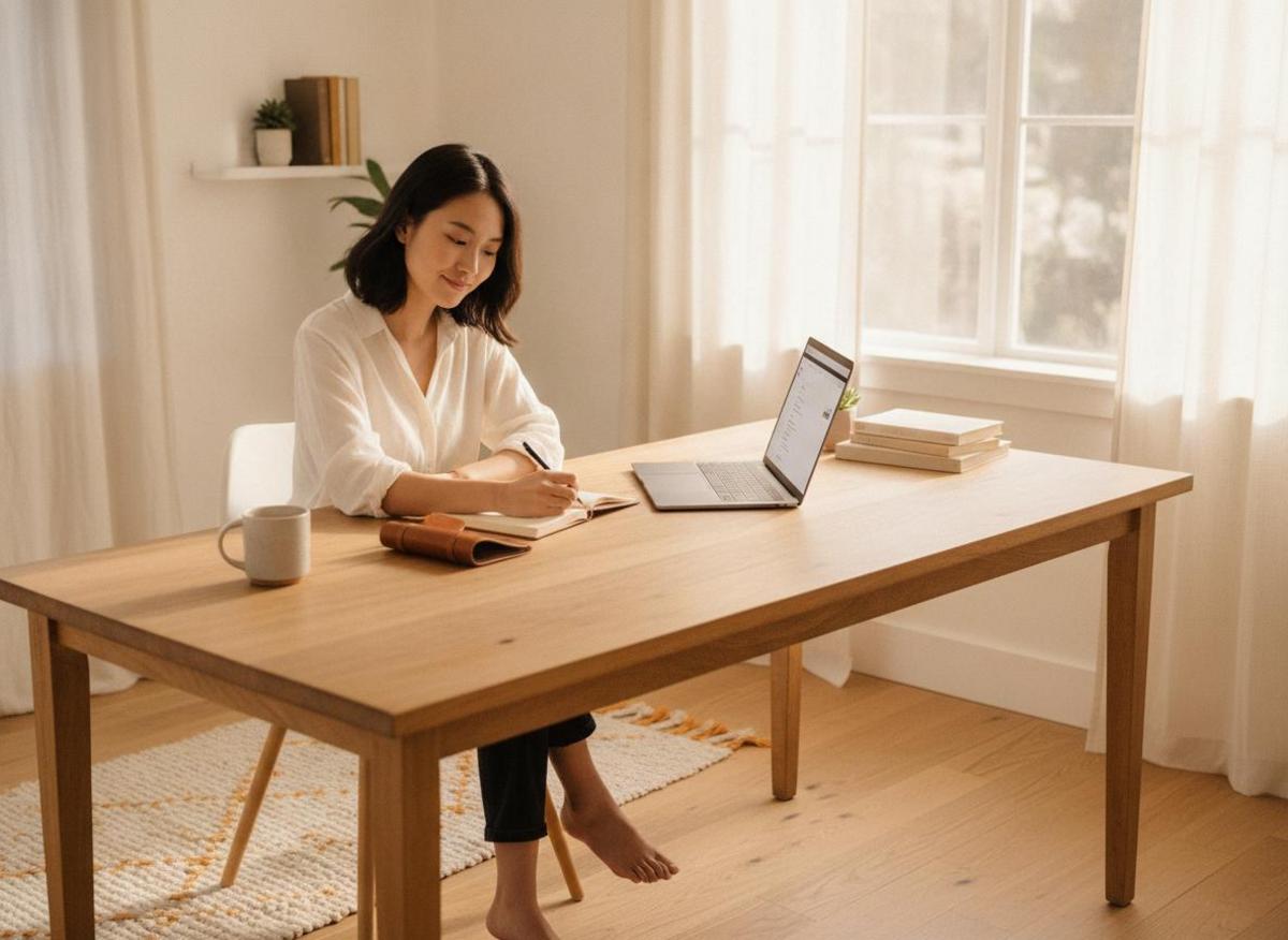 Solo entrepreneur researching how does google search algorithm work, writing notes beside laptop in bright minimal home office