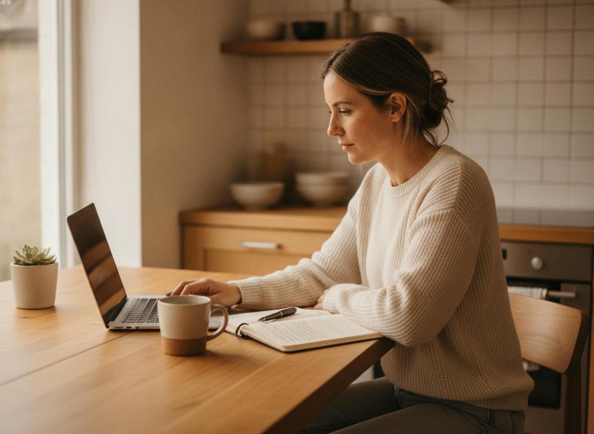 Woman reviewing how does Google search algorithm work on laptop, notebook open, sunlit kitchen workspace