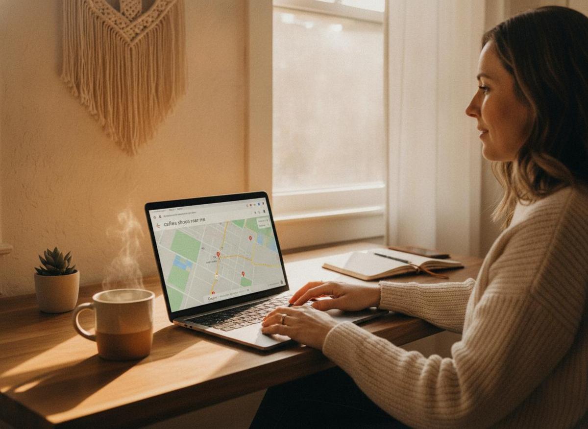 Woman at bright home office reviewing Google Maps results on laptop, illustrating local SEO vs organic SEO