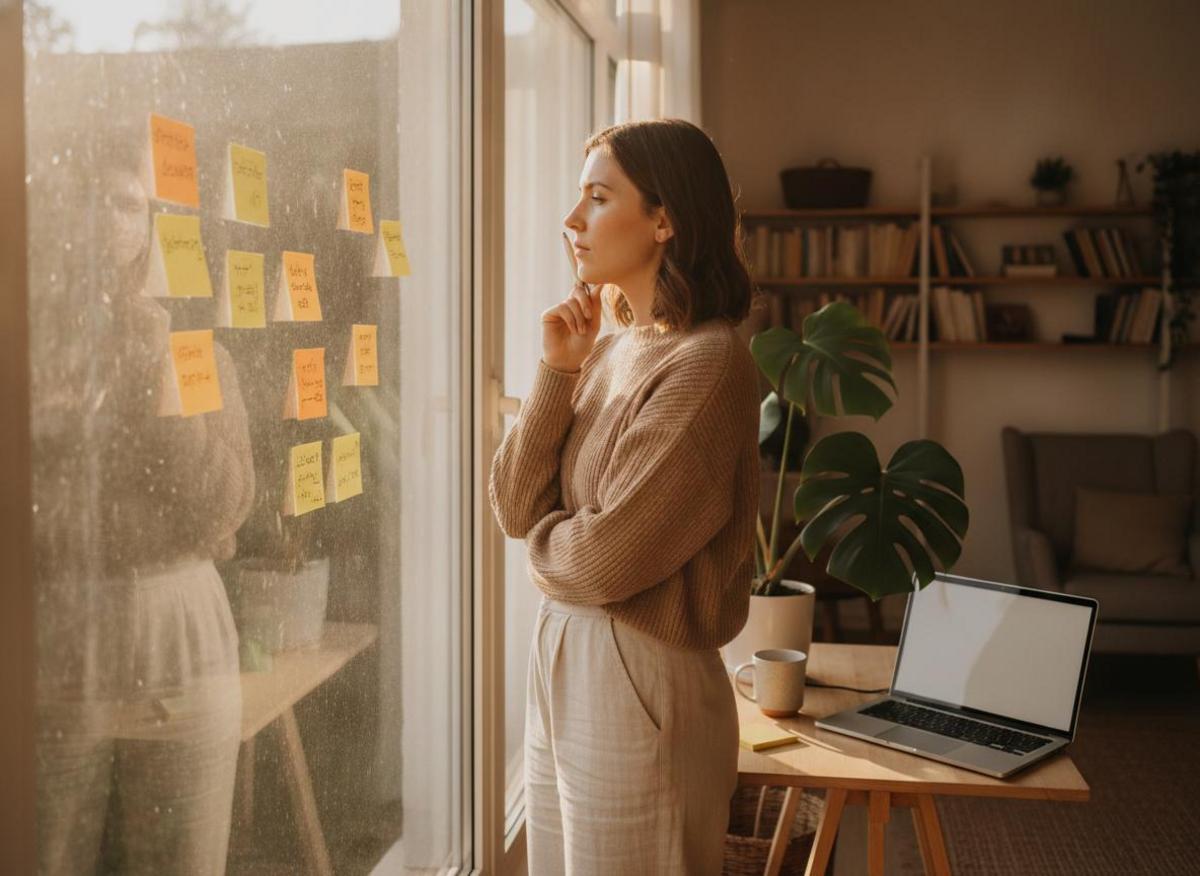 Woman planning local SEO vs organic SEO strategy with sticky notes on sunlit home office window