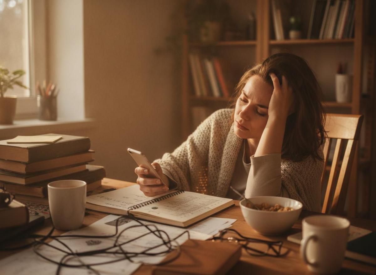 Tired woman at cluttered desk overwhelmed by short form video marketing strategy 2026 demands, phone in hand