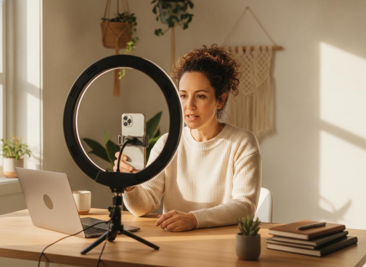Woman entrepreneur filming short form video marketing strategy 2026 content at minimal home office desk with ring light